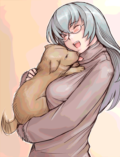 tsuda nanafushi, suigintou, rozen maiden, silver hair, animated, animated gif, 00s, 1girl, aged up, animal, bespectacled, blush, breasts, closed eyes, dog, female focus, glasses, happy, holding, large breasts, long hair, open mouth, solo, sweater, tail, tail wagging, tongue
