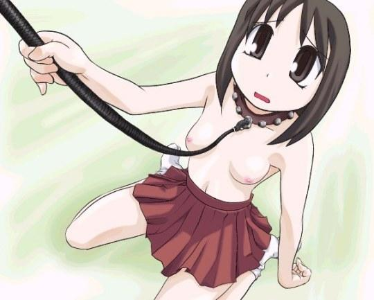 kasuga ayumu, azumanga daiou, white legwear, breasts, brown eyes, brown hair, collar, flat chest, leash, navel, nipples, skirt, socks, topless female
