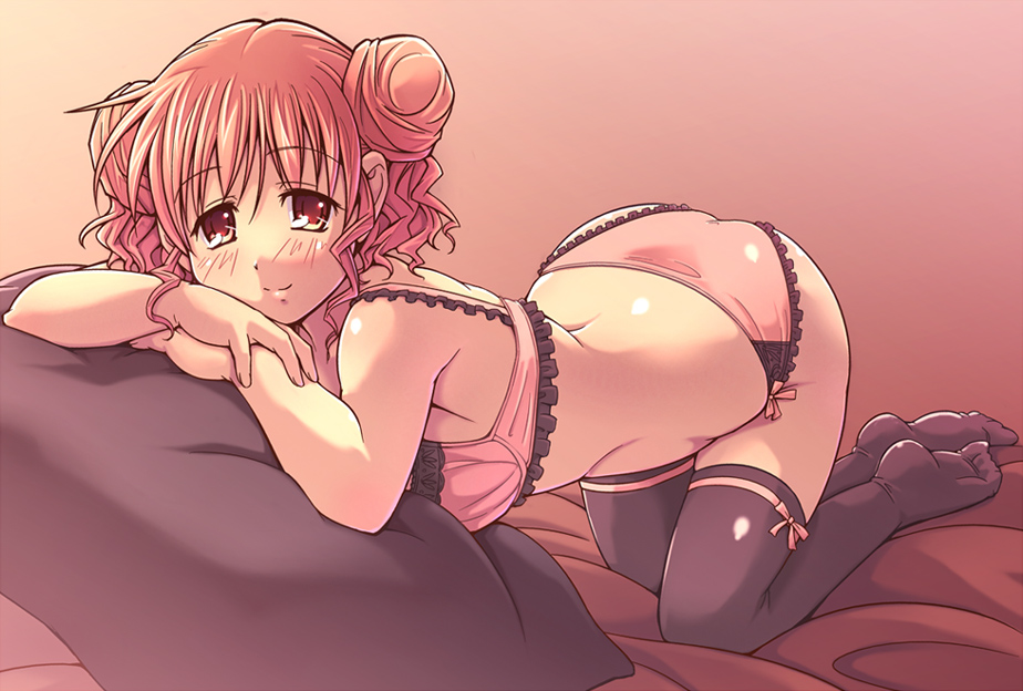e20, hiro (hidamari sketch), hidamari sketch, 00s, 1girl, all fours, ass, bed, black thighhighs, blush, bow, bow panties, bra, breasts, double bun, feet, female focus, frills, hair bun, leaning, lingerie, looking at viewer, medium breasts, panties, pink bra, pink hair, pink panties, pink theme, plump, red eyes, smile, solo, thighhighs, underwear, underwear only