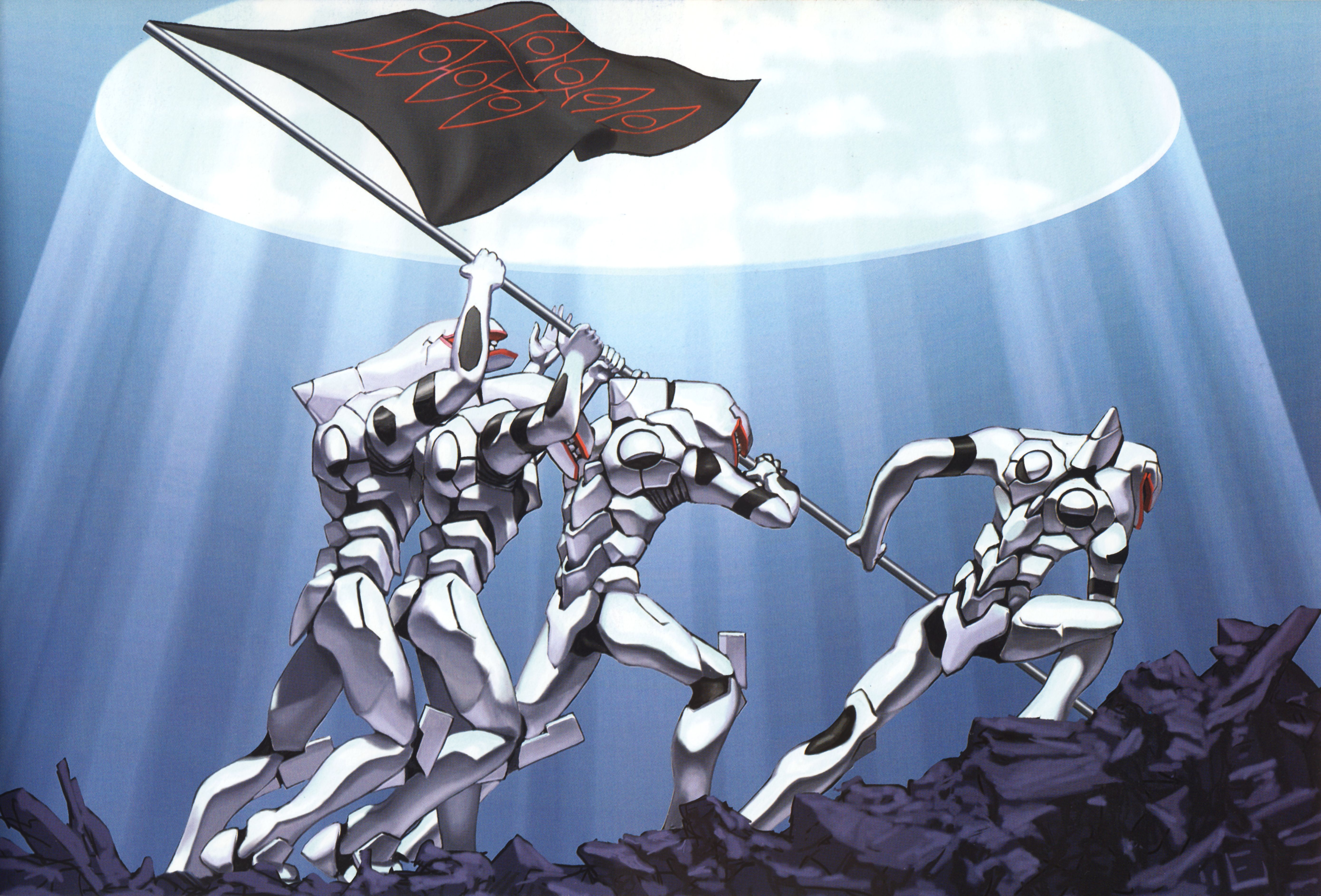 kaida yuji, sadamoto yoshiyuki, mass production eva, seele (evangelion), gainax, neon genesis evangelion, absurdres, artbook, highres, non-web source, official art, scan, scan artifacts, 4others, cloud, day, fine art parody, flag, flagpole, full body, historical name connection, holding, holding flag, iwo jima, mecha, mecha focus, multiple others, name connection, no humans, parody, robot, seele logo