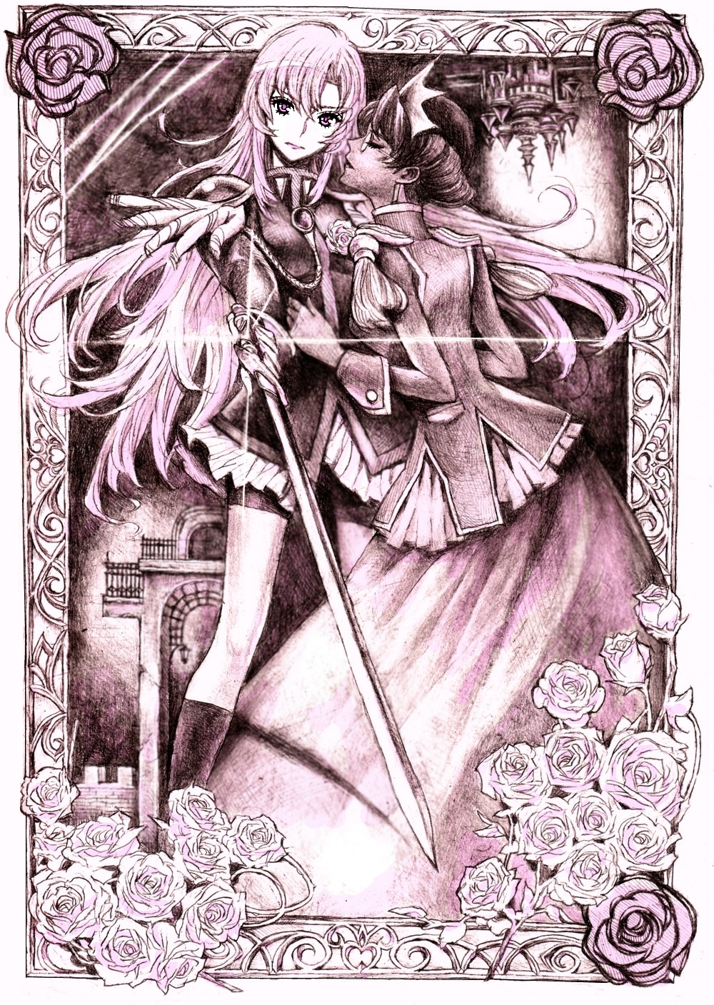 nobita (makoto7060355), himemiya anthy, tenjou utena, shoujo kakumei utena, highres, 1990s (style), 2girls, aiguillette, flower, glasses, monochrome, multiple girls, pink flower, pink rose, pink theme, retro artstyle, rose, sword, weapon