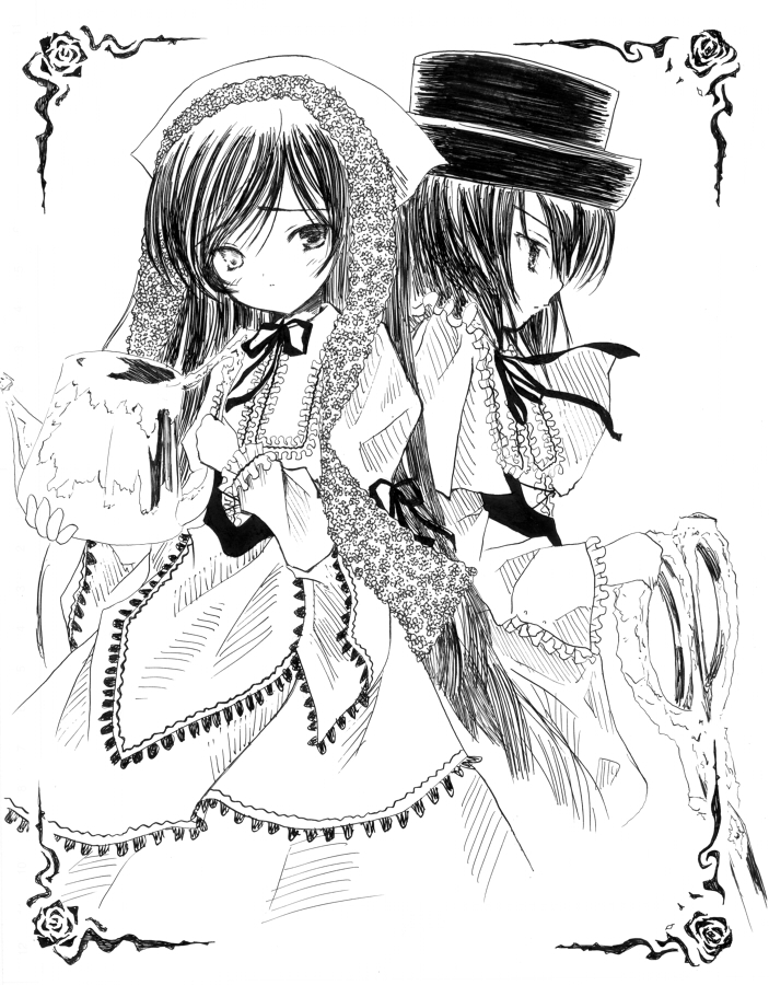 kohinore, souseiseki, suiseiseki, rozen maiden, bad id, bad pixiv id, 00s, 2girls, dress, greyscale, hat, heterochromia, long hair, monochrome, multiple girls, short hair, siblings, sisters, twins, very long hair