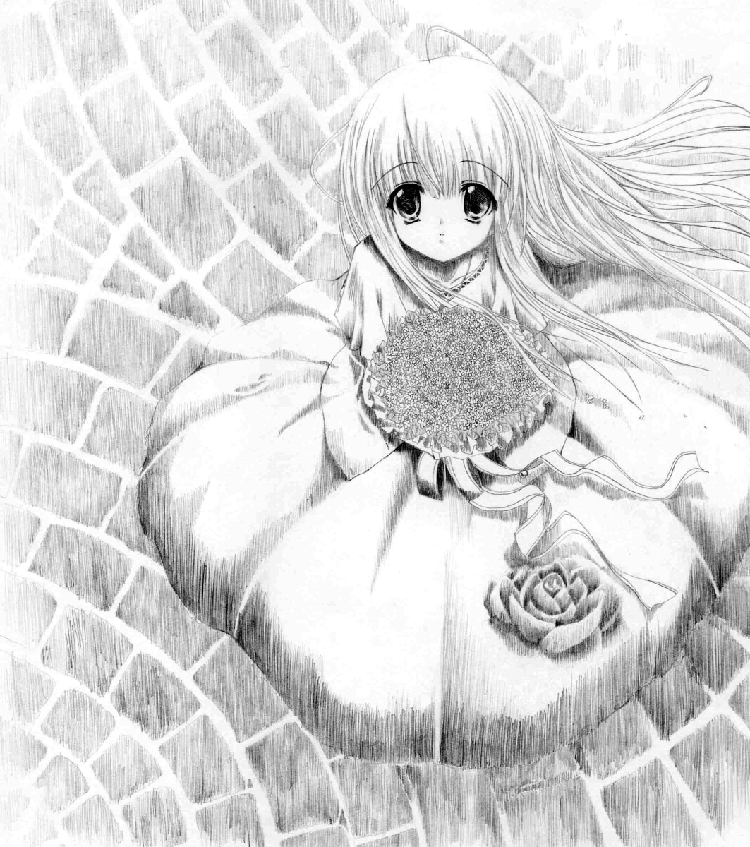 kohinore, original, bad id, bad pixiv id, highres, bouquet, flower, foreshortening, greyscale, long hair, monochrome, solo