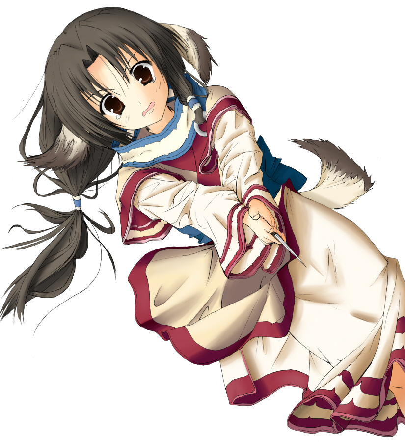 kohinore, ponpin, eruruu, utawarerumono, 00s, animal ears, black hair, brown eyes, dog ears, japanese clothes, knife, layered sleeves, long hair, solo, tail, tears, weapon