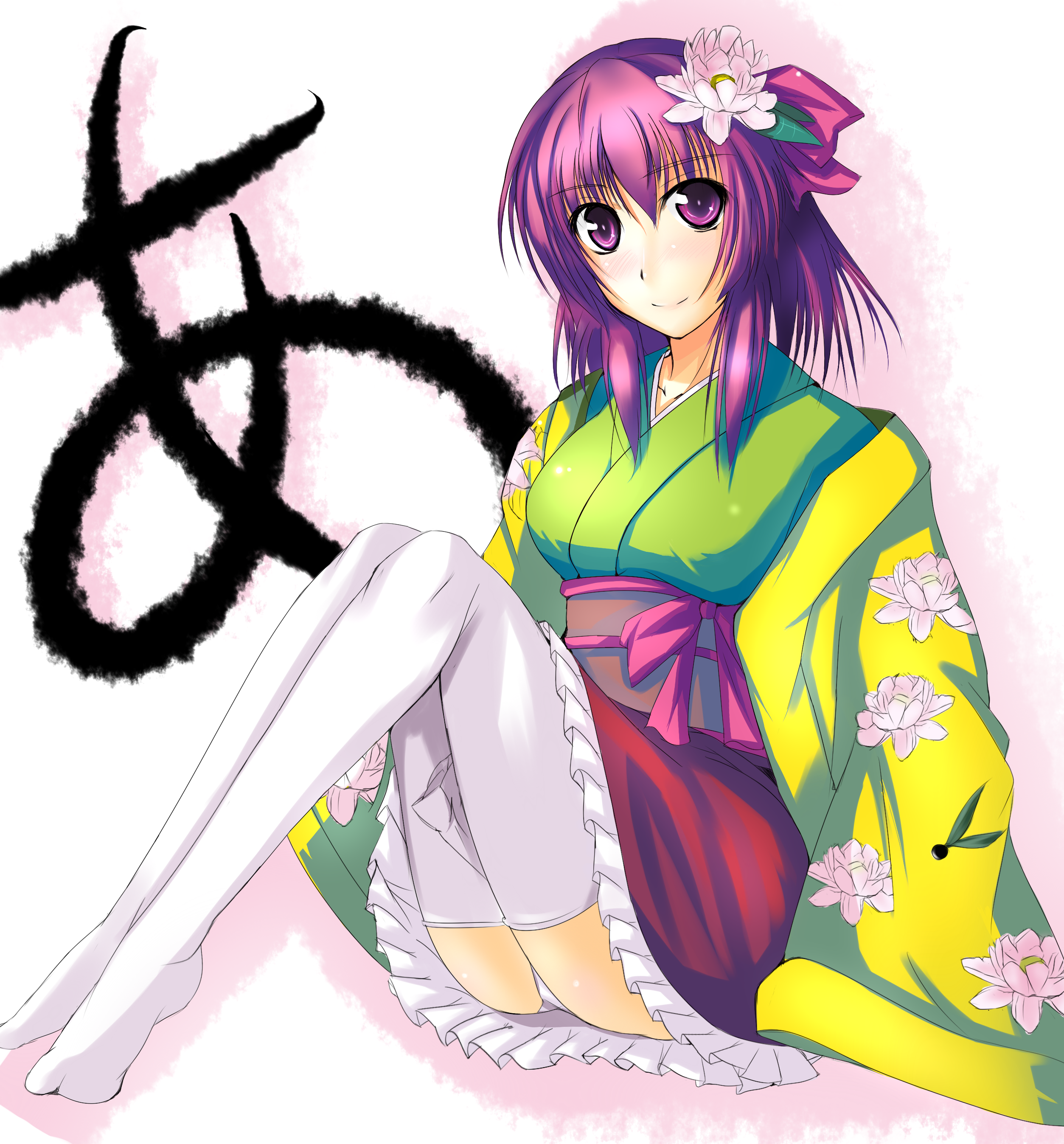 mugen houteishiki, mugenshiki, hieda no akyuu, touhou, absurdres, bad id, bad pixiv id, highres, 1girl, female focus, flower, purple eyes, purple hair, solo, thighhighs