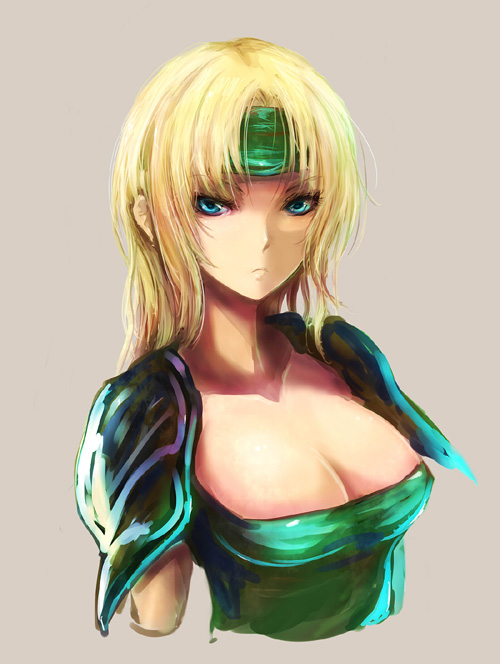 kara (color), celes chere, final fantasy, final fantasy vi, 1990s (style), 1girl, blonde hair, breasts, cleavage, female focus, hairband, headband, leotard, retro artstyle, simple background, solo