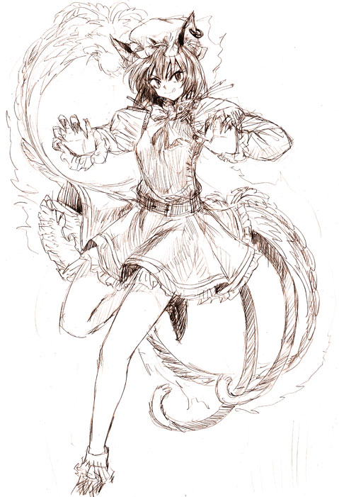 tsurui, chen, touhou, 1girl, brown theme, female focus, monochrome, sketch, solo