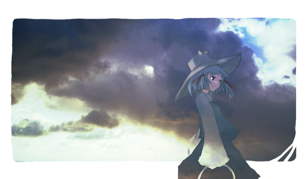 takanashi akihito, moriya suwako, touhou, looking away, 1girl, arms at sides, cloud, cloudy sky, female focus, floating hair, grey hair, hair ribbon, hat, holding, holding weapon, hoop, long sleeves, moriya's iron rings, photo background, red ribbon, ribbon, rounded corners, short hair, skirt, skirt set, sky, smile, solo, tress ribbon, upper body, weapon, wide sleeves