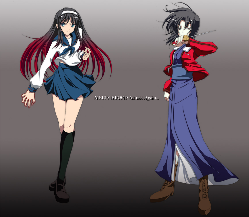 yukiomi haku, ryougi shiki, tohno akiha, kara no kyoukai, melty blood, tsukihime, type-moon, bad id, bad pixiv id, 00s, 2girls, crossover, jacket, knife, long hair, multiple girls, red jacket, reverse grip, school uniform, serafuku