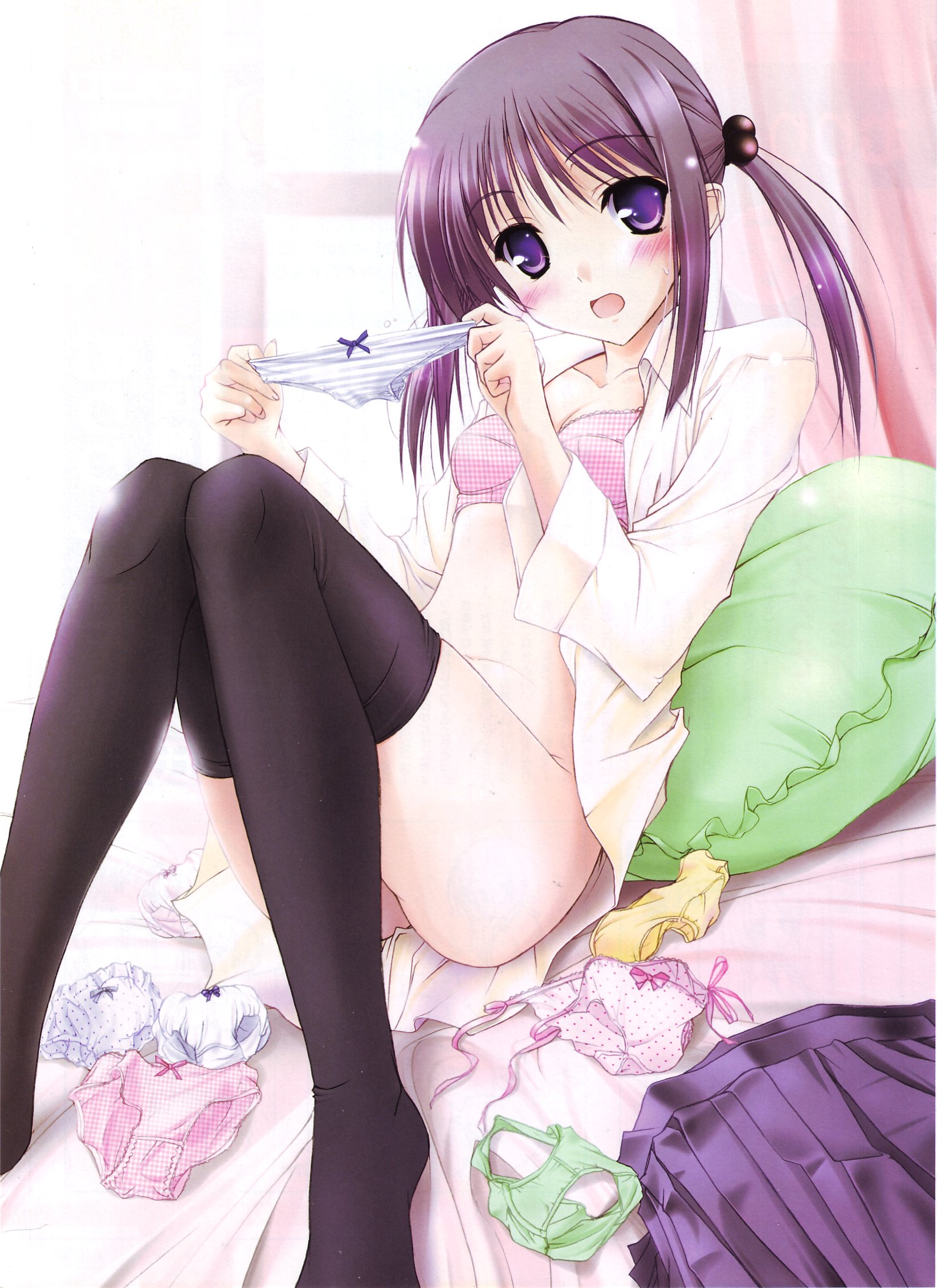 komori kei, original, highres, 1girl, bed, blush, bottomless, bra, female focus, flat chest, hair bobbles, hair ornament, legs, lingerie, multiple panties, no panties, open clothes, open mouth, open shirt, panties, pillow, polka dot, polka dot panties, purple eyes, purple hair, shirt, side-tie panties, sitting, solo, striped clothes, striped panties, thighhighs, twintails, underwear, undressing