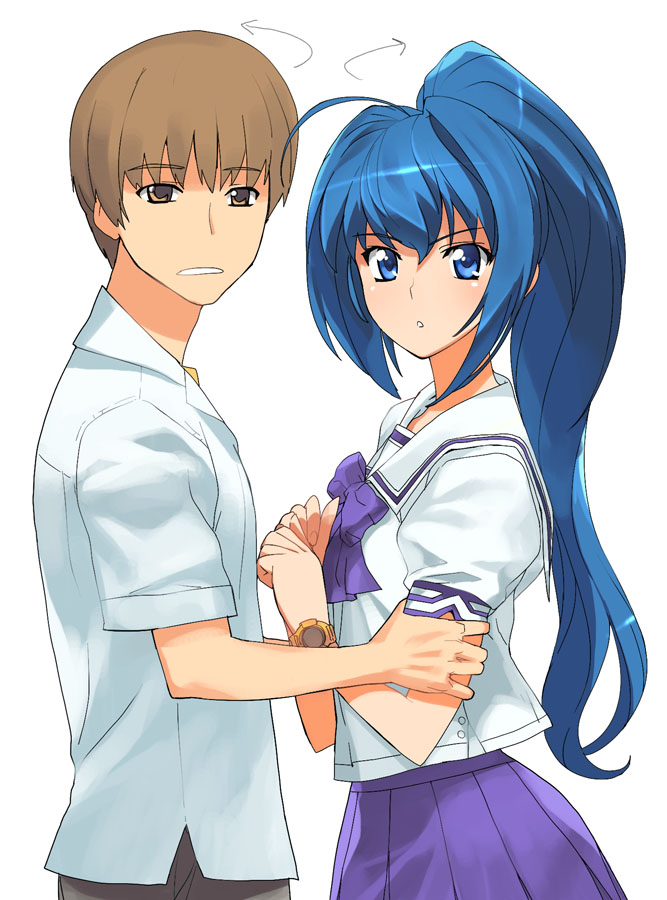 a1 (initial-g), hayase mitsuki, narumi takayuki, kimi ga nozomu eien, arm grab, 00s, blue eyes, blue hair, brown eyes, brown hair, school uniform, serafuku, surprised, watch, wristwatch