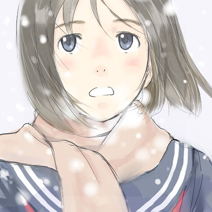 imo cyber, imo nakaba, blue eyes, scarf, school uniform, serafuku, short hair, snow, solo