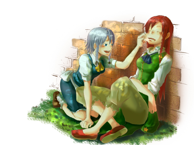 kyouno, hong meiling, izayoi sakuya, embodiment of scarlet devil, touhou, wall, 2girls, breasts, cheek pinching, female focus, multiple girls, nature, outdoors, pinching, plant, sitting, sleeping, white background