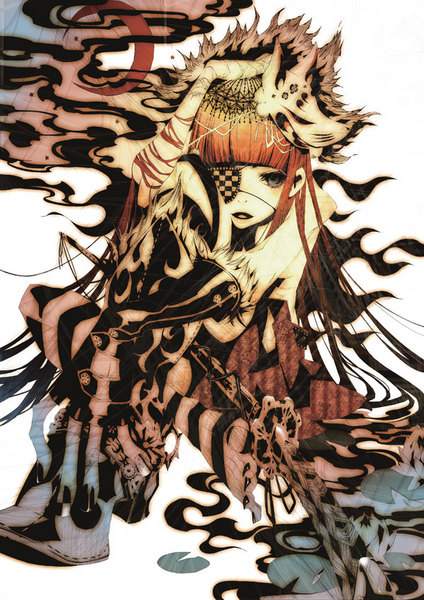 karasu (chalk), resized, auburn hair, blue eyes, brown hair, eyepatch, fox mask, gothic lolita, lolita fashion, long hair, mask, moon, pixiv thumbnail, solo