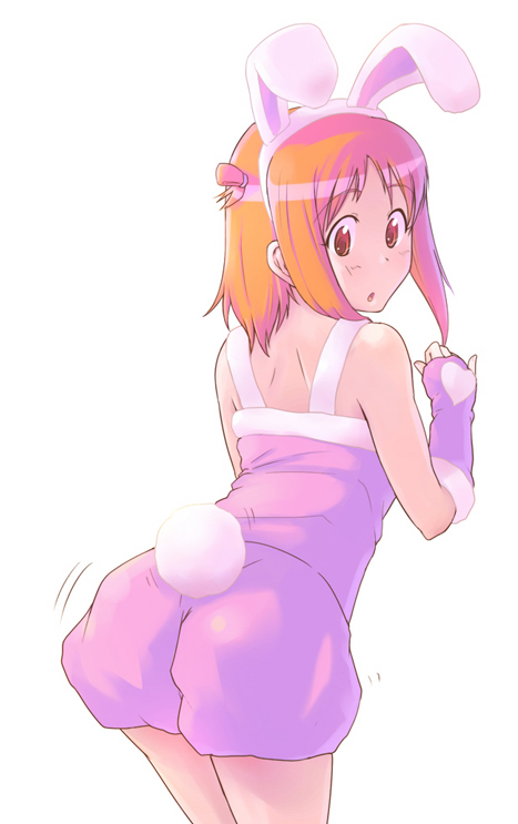 e20, randou rino, gokujou seitokai, 00s, animal costume, animal ears, ass, back, bare shoulders, elbow gloves, fingerless gloves, from behind, gloves, looking back, orange hair, rabbit costume, rabbit ears, red eyes, short hair, simple background, solo
