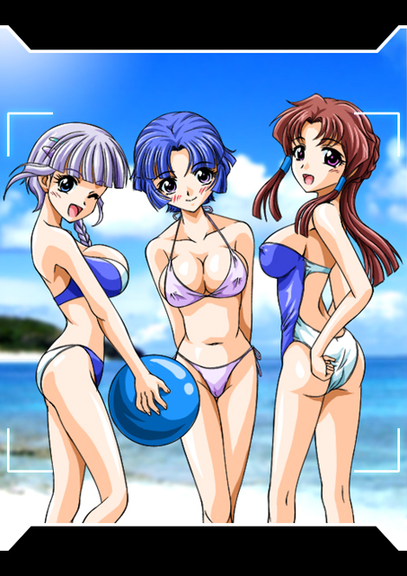 majin go!, kusuha mizuha, minaki tomine, seolla schweizer, banpresto, super robot wars, 3girls, ass, bikini, blue eyes, blue hair, braid, breasts, brown eyes, brown hair, day, donut hair bun, hair bun, large breasts, long hair, multiple girls, one-piece swimsuit, one eye closed, purple hair, short hair, swimsuit, viewfinder, wink