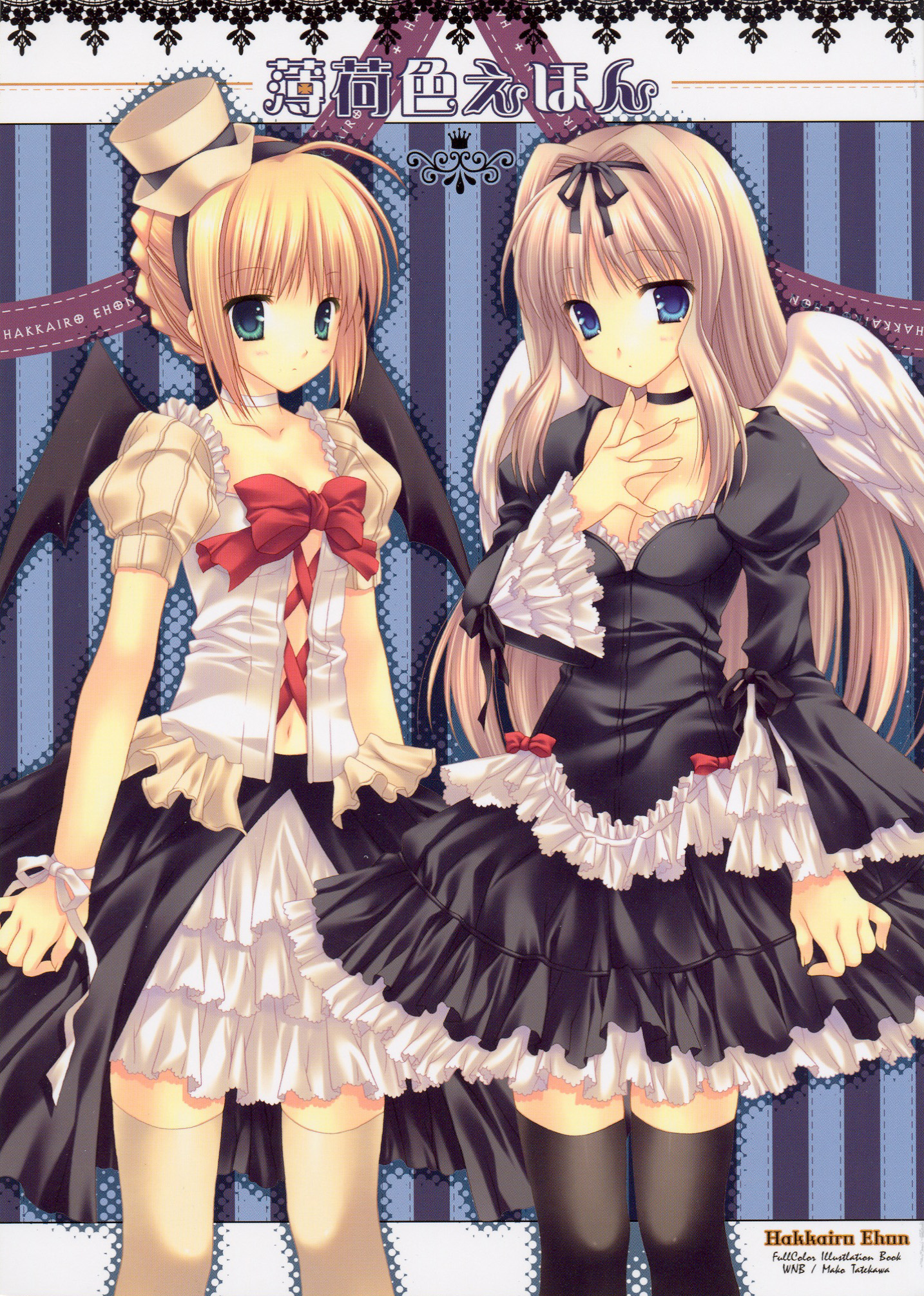 tatekawa mako, wnb mark, artoria pendragon (fate), kusugawa sasara, saber (fate), fate/stay night, fate (series), to heart (series), to heart 2, silver hair, highres, 00s, ahoge, alternate costume, blonde hair, blue eyes, choker, crossover, gothic lolita, green eyes, hat, lingerie, lolita fashion, long hair, petticoat, ribbon, skirt, thighhighs, underwear, wings, zettai ryouiki