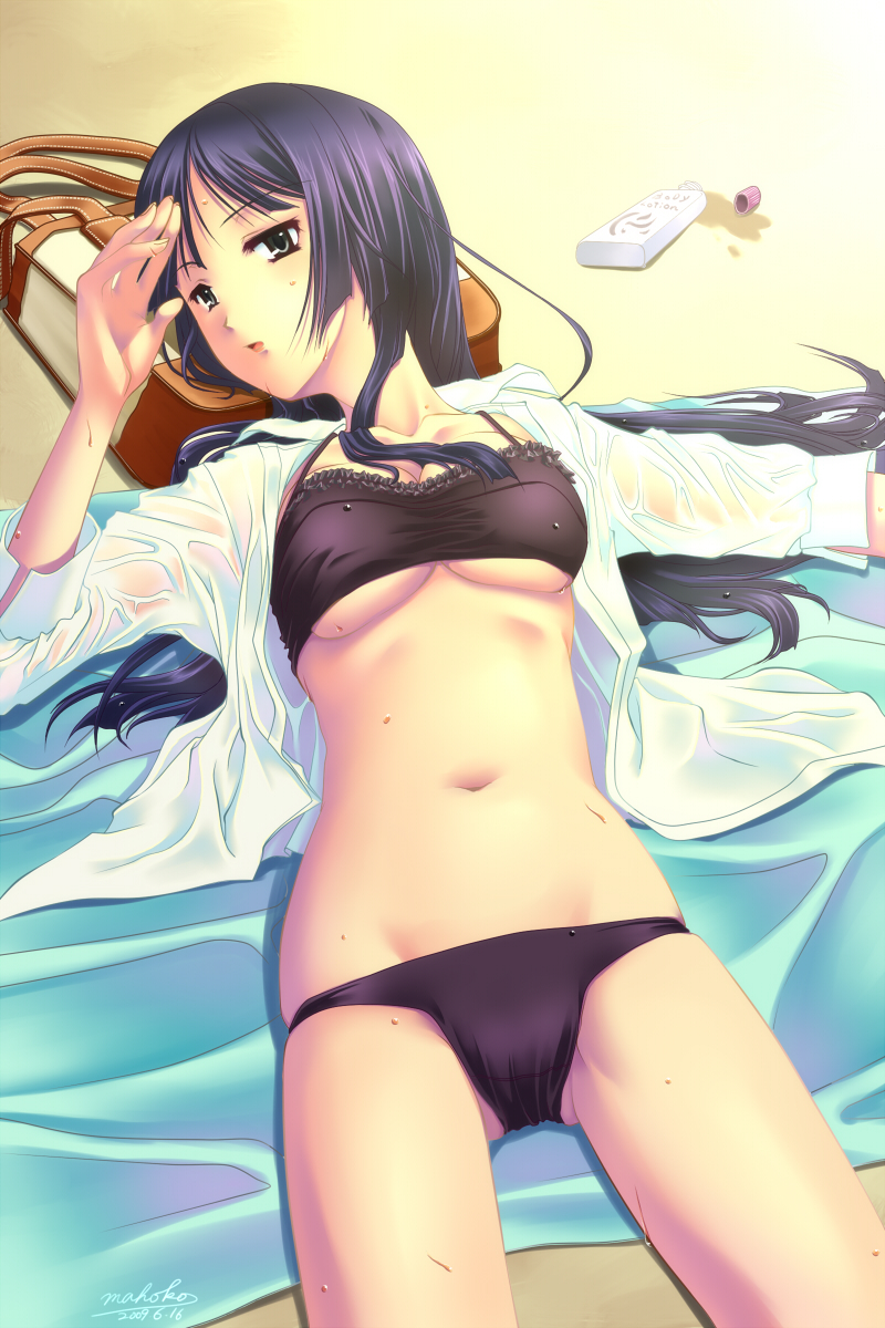 kurahashi mahoko, mahoko, akiyama mio, k-on!, highres, 00s, 1girl, bag, bikini, black bikini, black eyes, black hair, bottle, female focus, long hair, lying, open clothes, open shirt, see-through clothes, shirt, solo, swimsuit, wet