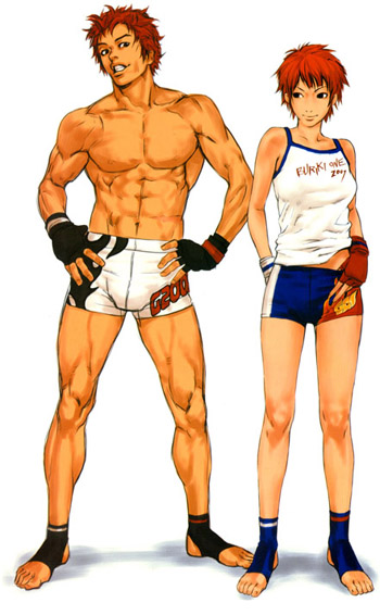 hiroaki (kof), fighter, tendo gai, tendou gai, tonou hinako, buriki one, snk, the king of fighters, 1boy, 1girl, abs, fingerless gloves, gloves, hands on own hips, hinako (buriki one), mixed martial artist, mixed martial arts, mma gloves, muscular, red hair, short hair, shorts, striker, tank top, toeless legwear, topless female, topless male