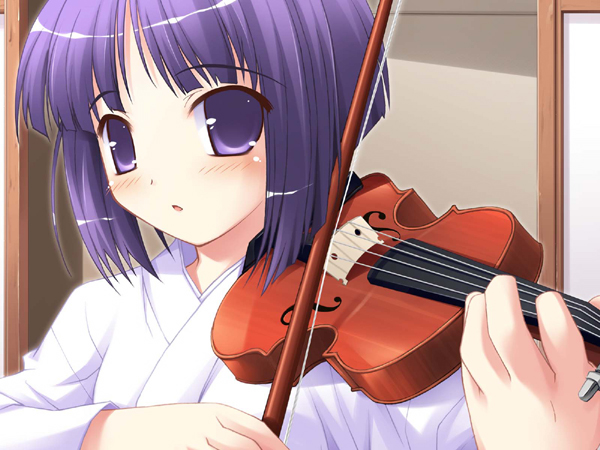 ko~cha, kamijou saya, happiness!, game cg, non-web source, 00s, 1girl, female focus, instrument, japanese clothes, kimono, purple eyes, purple hair, short hair, solo, violin