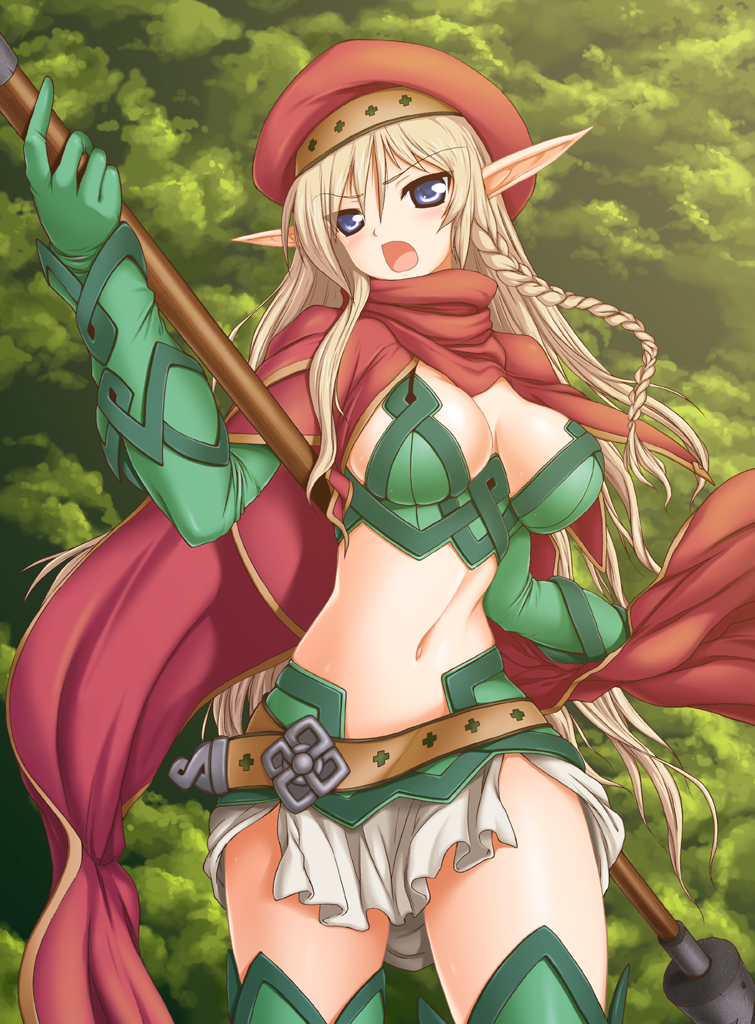aokihoshi, alleyne (queen's blade), fighting master alleyne, queen's blade, 00s, 1girl, armor, belt, beret, blonde hair, blue eyes, braid, breasts, cape, elbow gloves, elf, female focus, gloves, hat, long hair, midriff, navel, open mouth, pointy ears, side braid, solo, staff