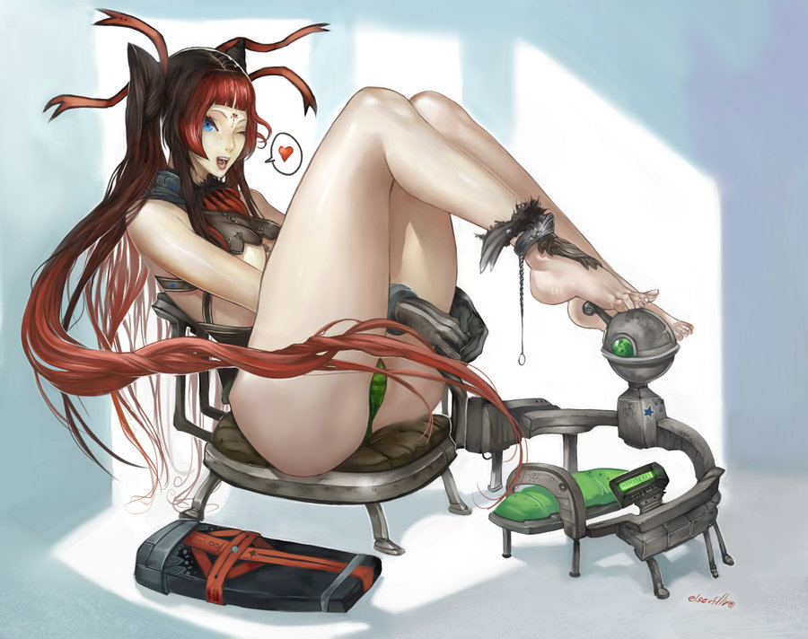 hector enrique sevilla lujan, barefoot, blue eyes, bottomless, feet, heart, jewelry, legs, long hair, no pants, panties, red hair, ribbon, sitting, twintails, underwear, wink