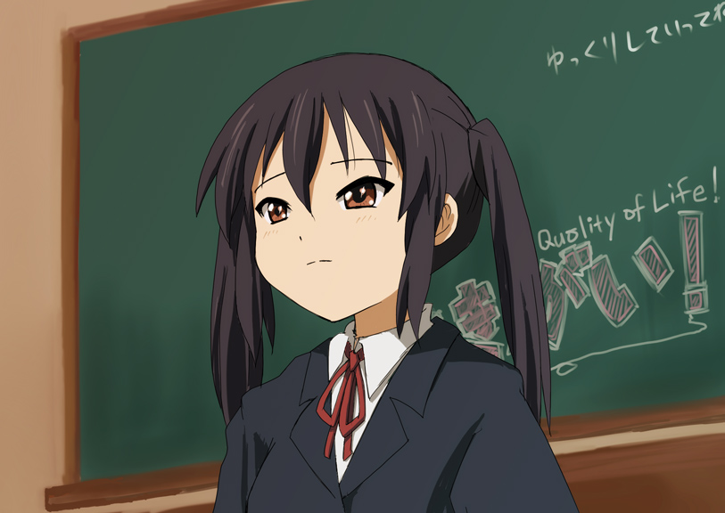 yunoyama yukata, nakano azusa, k-on!, 00s, 1girl, black hair, brown eyes, chalkboard, female focus, indoors, japanese clothes, kimono, long hair, neck ribbon, red ribbon, ribbon, school uniform, solo, twintails, yukata