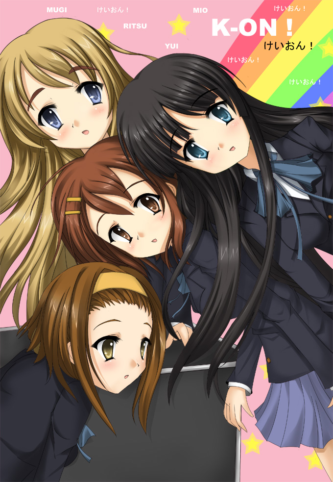 goushou, akiyama mio, hirasawa yui, kotobuki tsumugi, tainaka ritsu, k-on!, bad id, bad pixiv id, 00s, black hair, blonde hair, blue eyes, box, brown eyes, brown hair, hairband, long hair, rainbow, school uniform, short hair