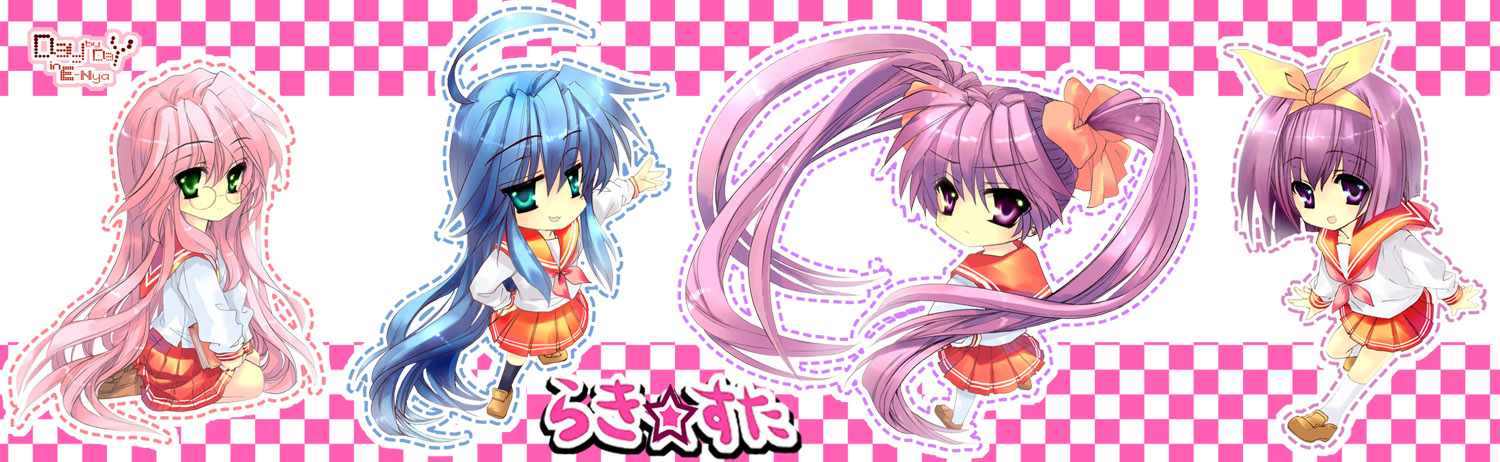 e-nya, hiiragi kagami, hiiragi tsukasa, izumi konata, takara miyuki, lucky star, bad id, bad pixiv id, long image, wide image, 00s, 4girls, ahoge, blue eyes, blue hair, chibi, glasses, green eyes, hair ribbon, hairband, long hair, multiple girls, pink hair, purple eyes, purple hair, ribbon, school uniform, serafuku, short hair, siblings, sisters, twins, twintails