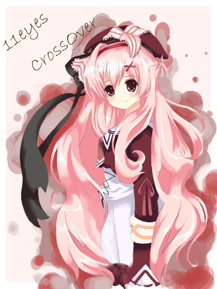 iwahashi sakutarou, azuma shione, 11eyes, bad id, bad pixiv id, 00s, azuma﻿ shione, beret, english text, hat, long hair, pink eyes, pink hair, red hat, ribbon, school uniform, twintails