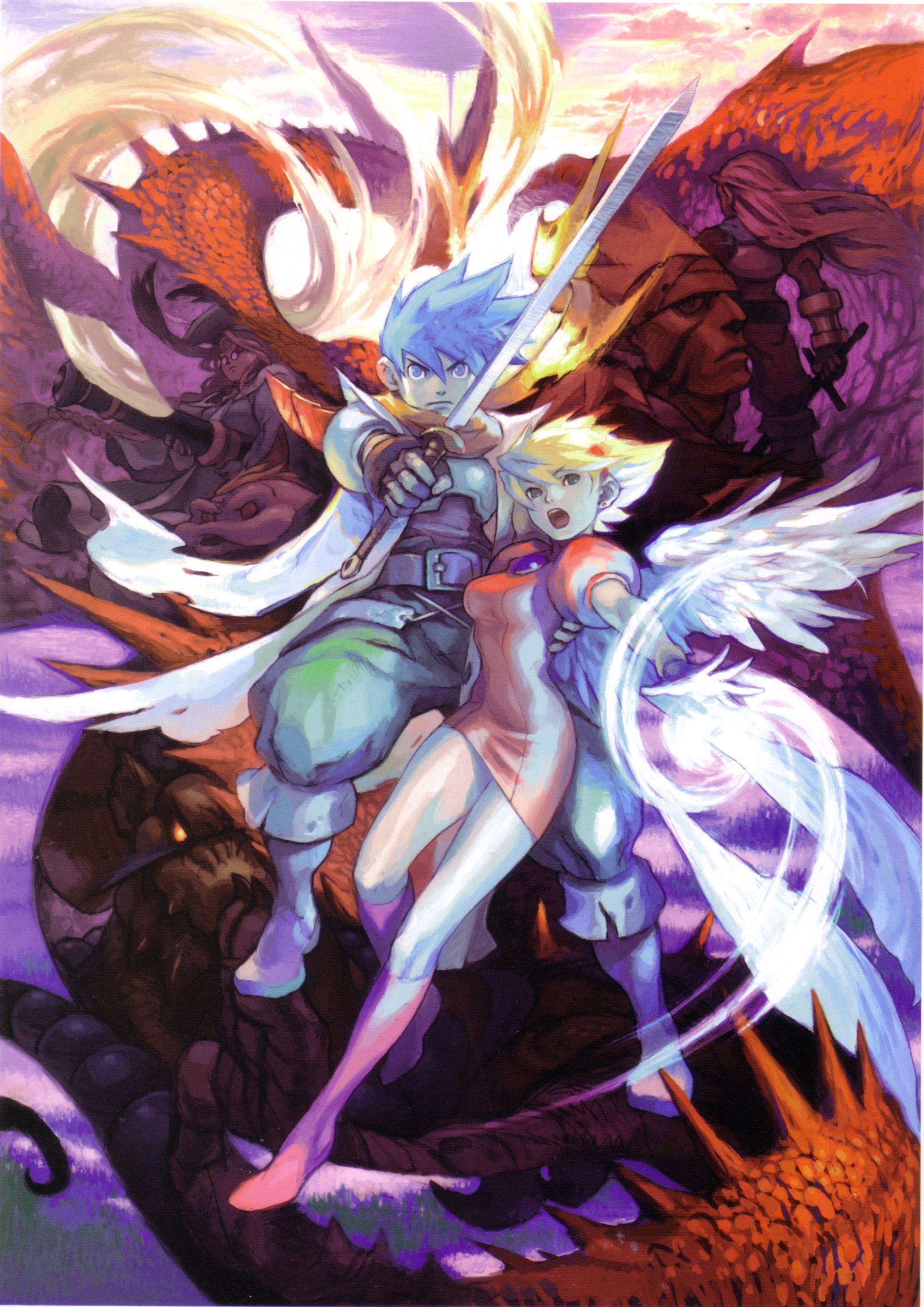 yoshikawa tatsuya, momo (breath of fire), nina (breath of fire iii), peco (bof), peco (breath of fire), rei (breath of fire), ryu (breath of fire iii), teepo, breath of fire, breath of fire complete works, breath of fire iii, capcom, absurdres, highres, official art, 1990s (style), 2girls, 3boys, angel wings, armor, ass, blonde hair, blue hair, boots, breasts, dragon, dress, hairband, knee boots, multiple boys, multiple girls, retro artstyle, sword, weapon, white wings, wings