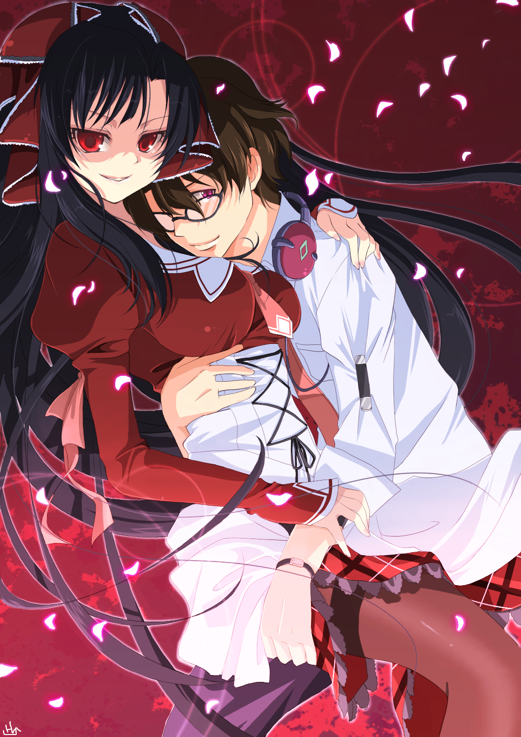 kiko, amami shuu, kouno mio, kuroshiba kanae, 11eyes, lass (company), bad id, bad pixiv id, highres, 00s, 1boy, 1girl, black hair, couple, headset, hetero, hug, pantyhose, purple eyes, red eyes, school uniform, smile