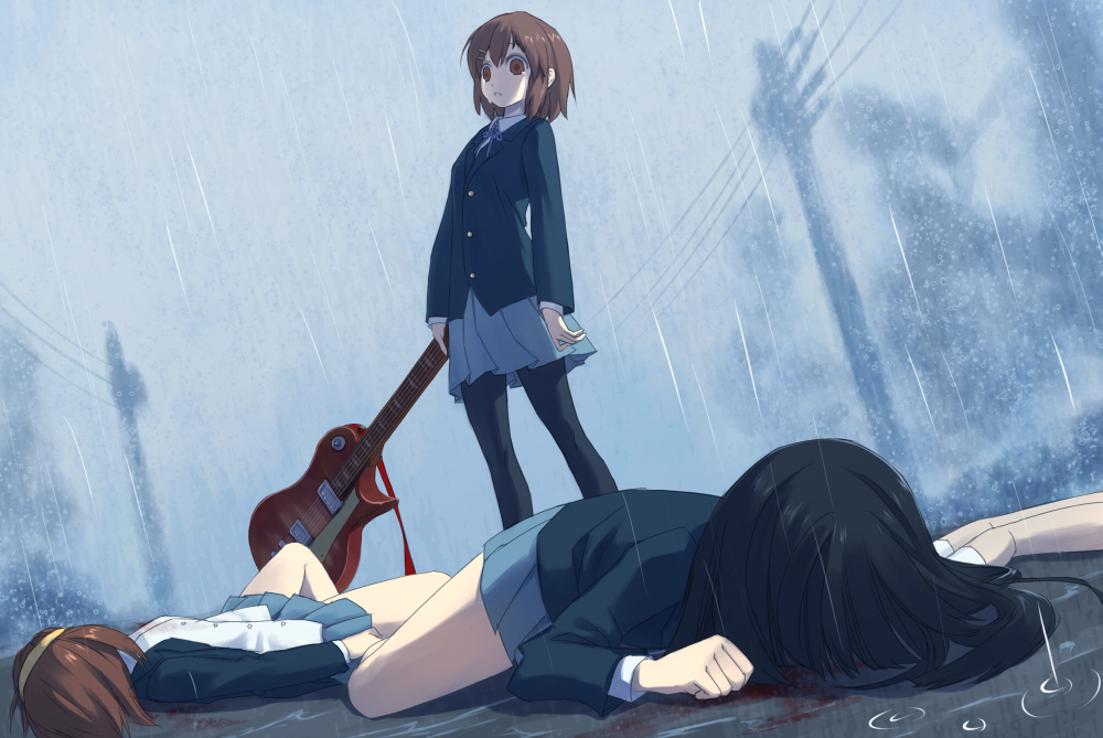shiden, akiyama mio, hirasawa yui, kotobuki tsumugi, tainaka ritsu, k-on!, 00s, 4girls, bad end, black hair, blazer, blood, brown hair, day, death, electric guitar, empty eyes, gibson les paul, guitar, hair ornament, hairband, hairclip, ho-kago tea time, instrument, jacket, long hair, multiple girls, murder, outdoors, pantyhose, power lines, rain, red eyes, ribbon, school uniform, shaded face, short hair, skirt, tears, yandere