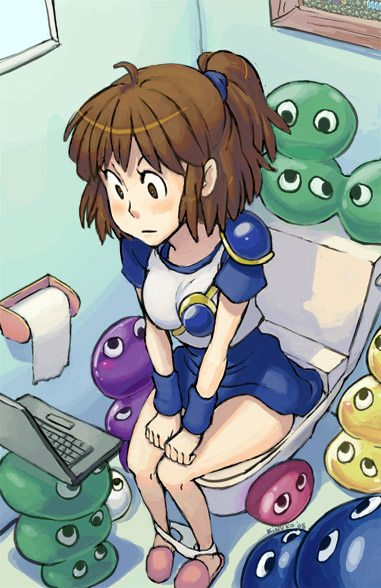 kinuko (kinucakes), arle nadja, puyo (puyopuyo), madou monogatari, puyopuyo, 00s, 1girl, 2005, 6+others, bathroom, blue skirt, blush, brown eyes, brown hair, computer, computer keyboard, creature, female focus, full body, half updo, indoors, laptop, multiple others, no socks, panties, panty pull, pigeon-toed, ponytail, short sleeves, sitting, skirt, slippers, solo, toilet, toilet paper, toilet use, underwear, white panties