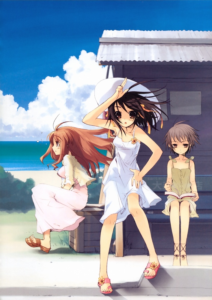 ito noizi, asahina mikuru, nagato yuki, suzumiya haruhi, suzumiya haruhi no yuuutsu, 00s, 3girls, barefoot, beach, book, day, dress, feet, hat, long legs, multiple girls, outdoors, sandals, sundress, toes, wind