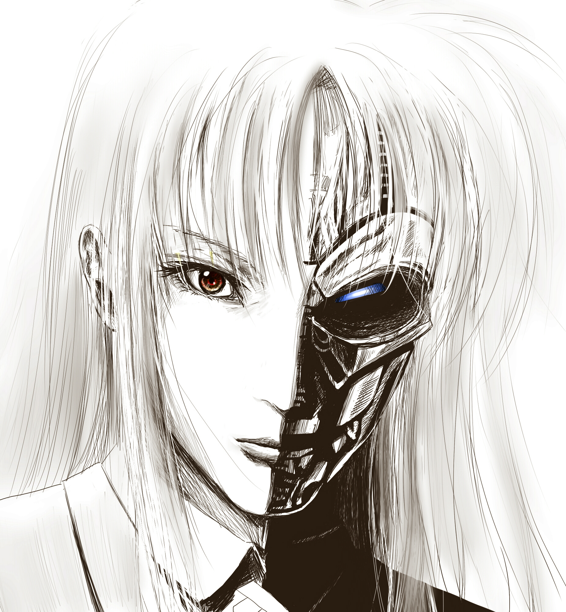 kohinore, fate testarossa, t-x, lyrical nanoha, mahou shoujo lyrical nanoha, mahou shoujo lyrical nanoha strikers, terminator (series), terminator 3: rise of the machines, the terminator, bad id, bad pixiv id, highres, 1girl, blue eyes, cyborg, female focus, heterochromia, long hair, mechabare, parody, red eyes, sketch, solo