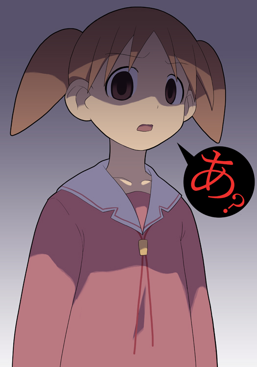 aka (s3637), mihama chiyo, azumanga daiou, 1girl, ?, a (phrase), brown eyes, brown hair, child, collarbone, empty eyes, female focus, gradient background, open mouth, orange hair, school uniform, serafuku, shaded face, shadow, short twintails, solo, speech bubble, twintails, upper body