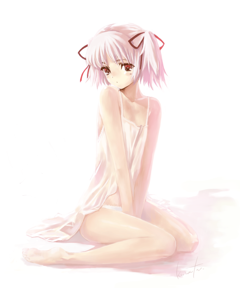 kawata hisashi, original, highres, 10s, bare shoulders, barefoot, chemise, feet, flat chest, hair ribbon, lingerie, panties, pink hair, red eyes, ribbon, short hair, sitting, solo, twintails, underwear, wariza