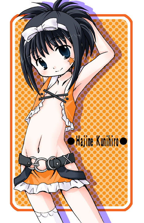 ayachin, kunihiro hajime, saki (manga), 00s, 1girl, armpits, arms up, asymmetrical clothes, black eyes, black hair, bow, character name, female focus, flapper shirt, flat chest, hair bow, midriff, navel, no bra, ponytail, revealing clothes, shirt, single thighhigh, skirt, smile, solo, star (symbol), thighhighs