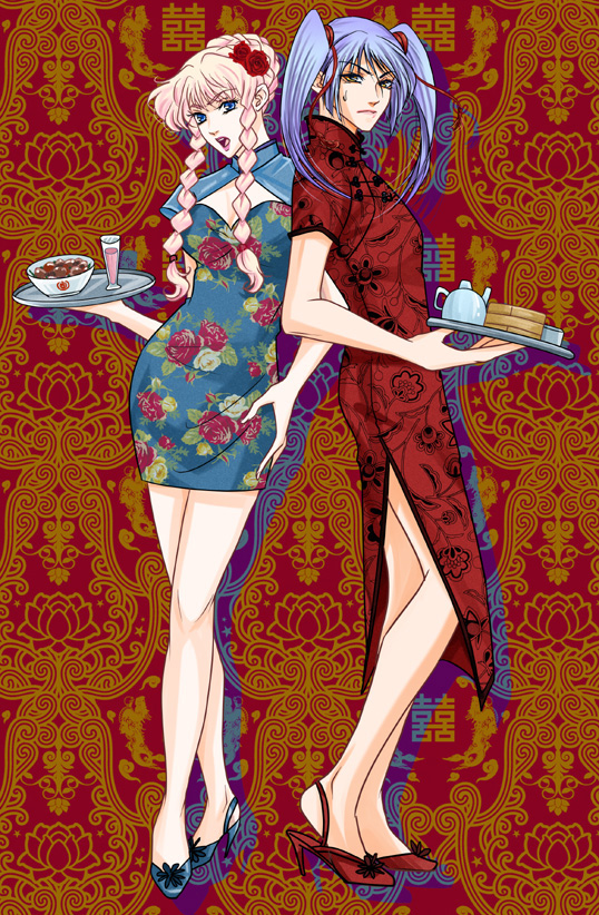 saotome alto, sheryl nome, macross, macross frontier, 00s, 1boy, 1girl, arusheri, blue eyes, blue hair, crossdressing, full body, legs, pink hair, twintails