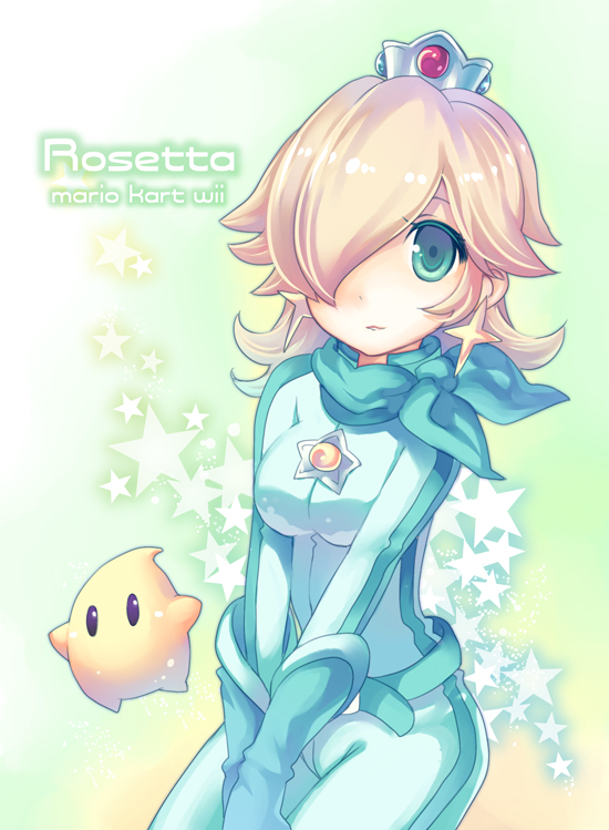 wasabi (sekai), biker rosalina, luma (mario), rosalina, mario (series), mario kart, mario kart wii, nintendo, super mario galaxy, 1girl, aqua eyes, belt, biker clothes, bikesuit, blonde hair, bodysuit, breasts, character name, copyright name, crown, earrings, female focus, gloves, hair over one eye, jewelry, solo, star (symbol), v arms