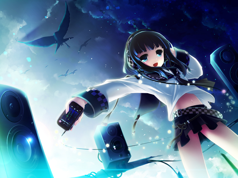 hinasaki you, original, 1girl, belt, bird, blue eyes, blue hair, blue theme, blunt bangs, cellphone, cloud, female focus, headphones, hime cut, iphone, long hair, matching hair/eyes, navel, outstretched arm, phone, school uniform, serafuku, skirt, sky, smartphone, solo, speaker