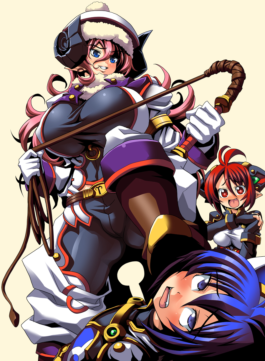 kloah, aries mesarthim, catoru dioskouroi, lux dioskouroi, merusatimu, shinrabanshou, highres, + +, 3girls, aries (zodiac), assertive female, blue eyes, blue hair, blush, breasts, fang, femdom, foot on head, from below, hat, holding, huge breasts, long hair, looking at viewer, multiple girls, open mouth, pink hair, pointy ears, red hair, short hair, smile, trample, whip, yuri, zodiac