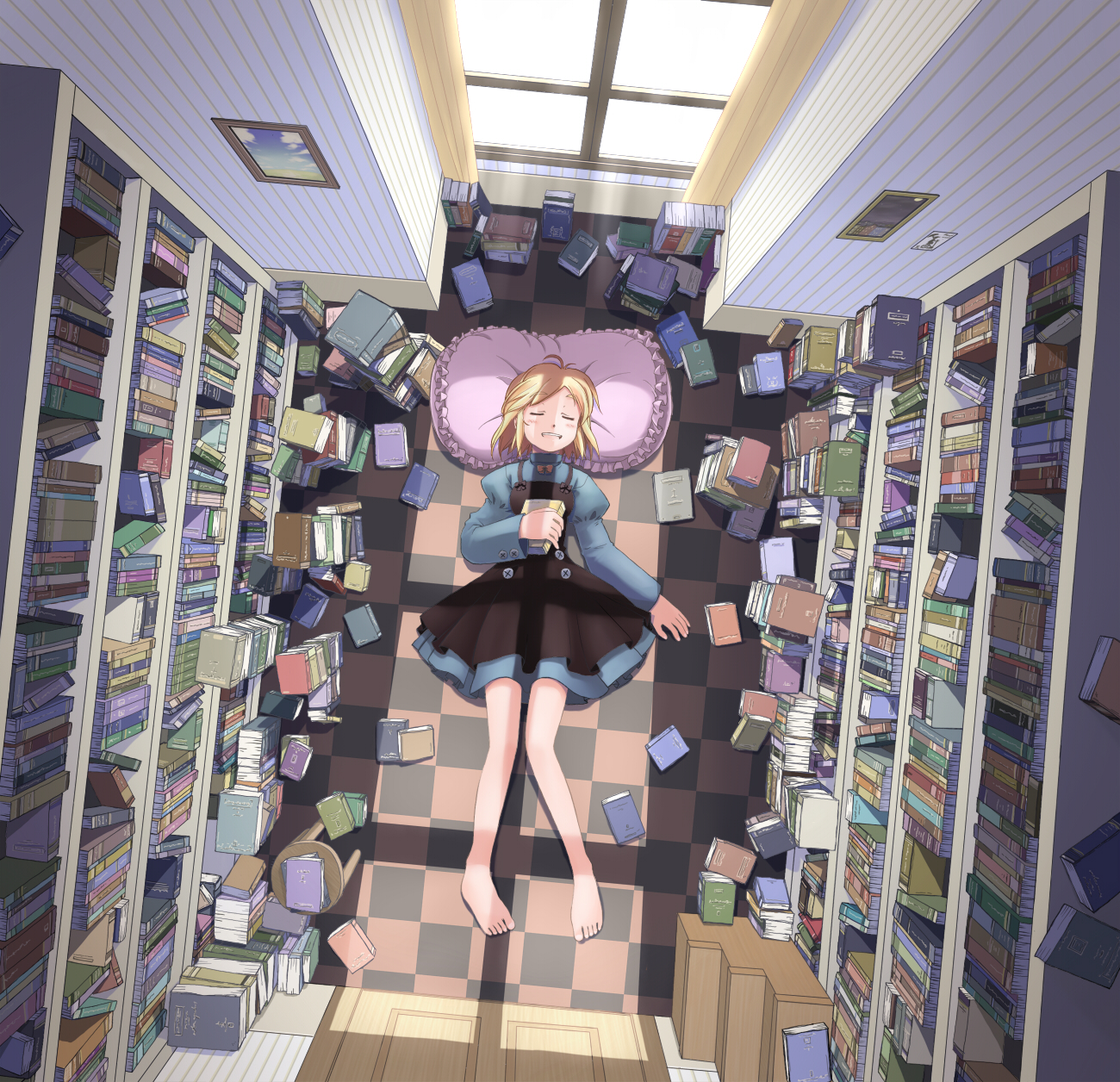mochizuki saku, original, highres, 1girl, absurdly detailed composition, barefoot, blonde hair, blush, book, bookshelf, day, dress, feet, female focus, frilled pillow, frills, from above, indoors, library, loaded interior, lying, on back, pillow, sleeping, smile, solo, window