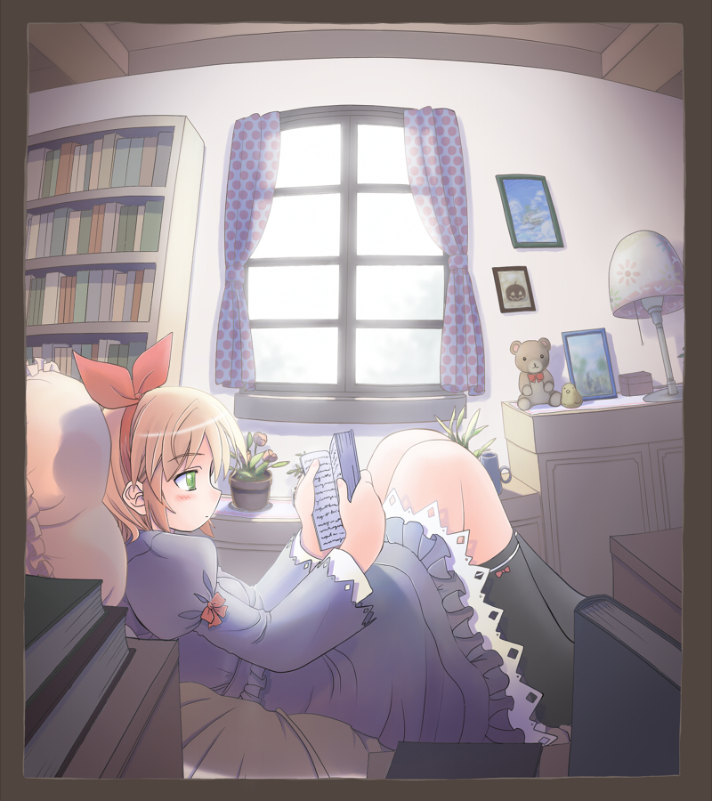 mochizuki saku, original, bad id, bad pixiv id, blonde hair, blush, book, dress, green eyes, hair ribbon, open book, reading, ribbon, solo, stuffed animal, stuffed toy, teddy bear