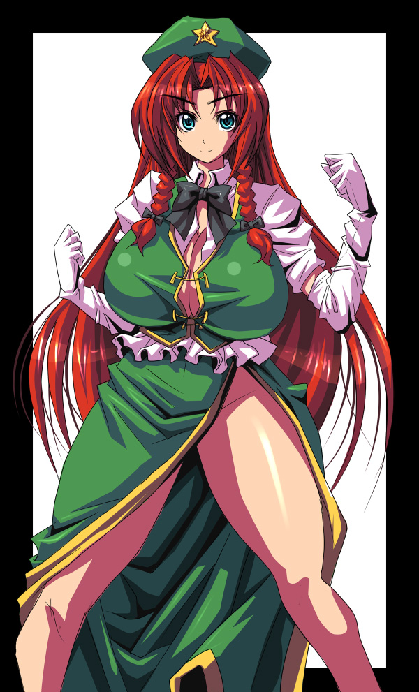 kloah, hong meiling, immaterial and missing power, touhou, 1girl, blue eyes, braid, breasts, cleavage, curvy, elbow gloves, female focus, gloves, hair ribbon, hat, huge breasts, long hair, no panties, red hair, ribbon, solo, thick thighs, thighs, twin braids