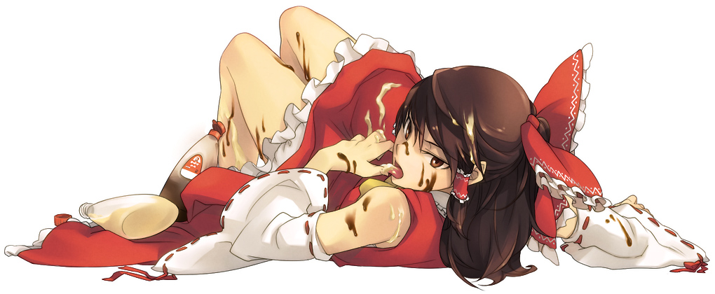 nakatani, hakurei reimu, touhou, 1girl, brown hair, detached sleeves, female focus, full body, hair ribbon, japanese clothes, licking, lying, mayonnaise, miko, on back, ribbon, sexually suggestive, simple background, solo, soy sauce, tongue, white background