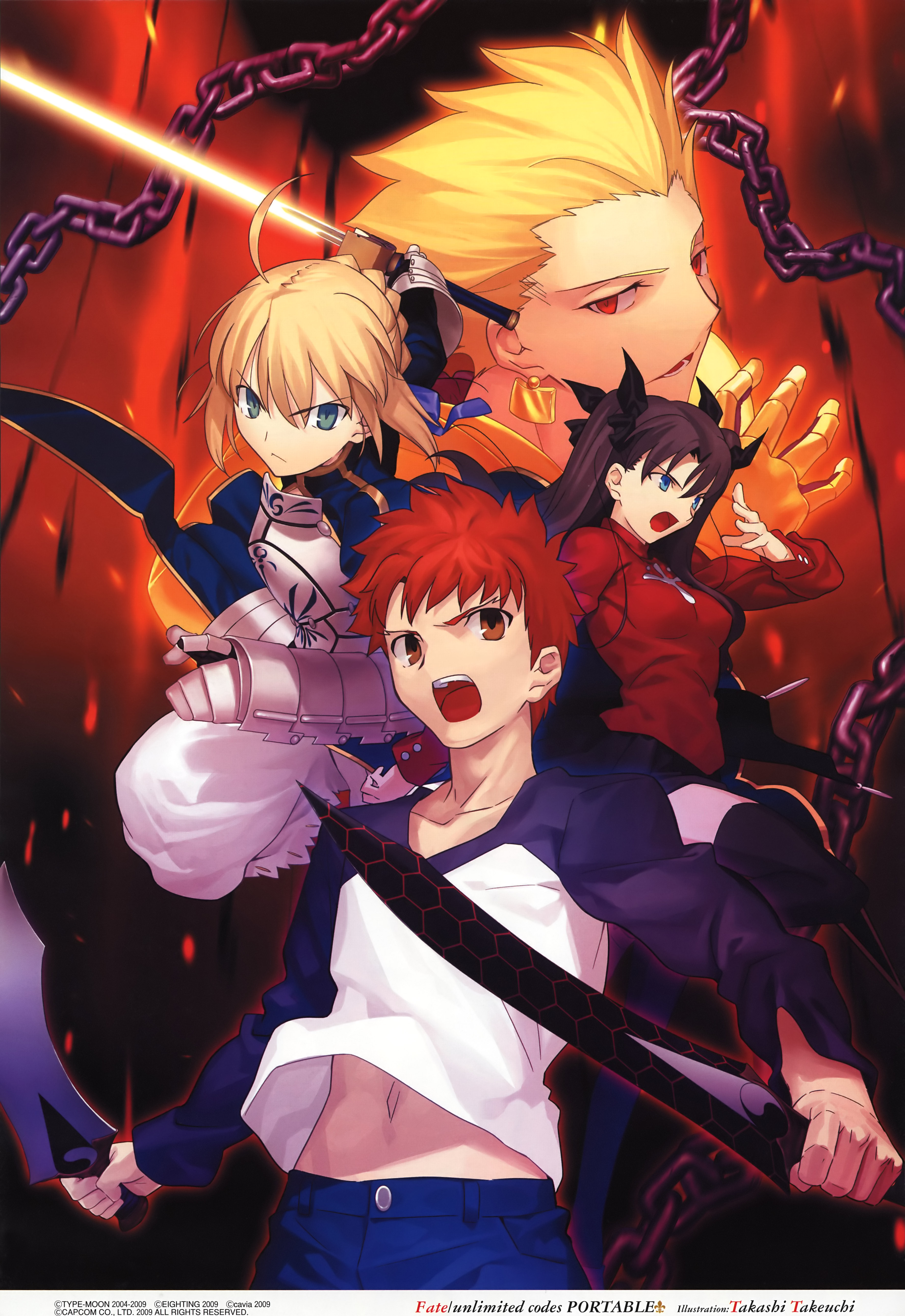 takeuchi takashi, artoria pendragon (fate), emiya shirou, gilgamesh (fate), saber (fate), tohsaka rin, capcom, fate/stay night, fate/unlimited codes, fate (series), type-moon, absurdres, highres, official art, scan, 00s, 2boys, 2girls, angry, armor, blonde hair, blue eyes, brown hair, dual wielding, excalibur (fate/stay night), glowing, glowing sword, glowing weapon, holding, kanshou & bakuya (fate), multiple boys, multiple girls, raglan sleeves, sword, turtleneck, weapon
