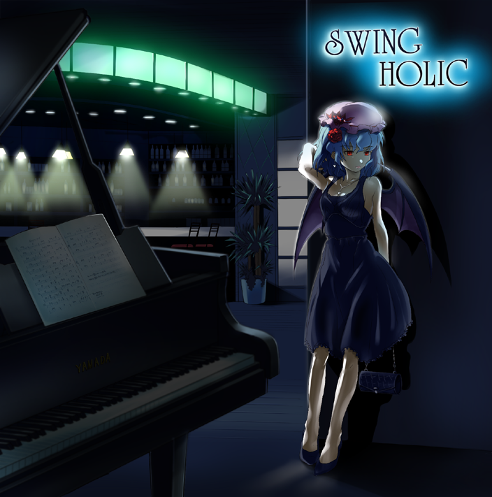 tsukimido, remilia scarlet, touhou, 1girl, album cover, alternate costume, bag, bar (place), bat wings, blue hair, contemporary, cover, dress, female focus, flower, formal clothes, grand piano, hair flower, hair ornament, handbag, hat, instrument, jewelry, necklace, piano, red eyes, short hair, solo, wings