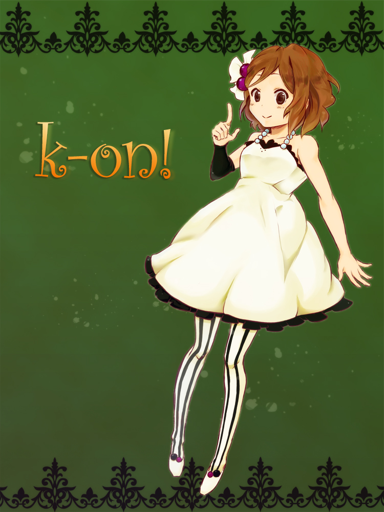 kuro (greenhorn), hirasawa yui, don't say "lazy", k-on!, bad id, bad pixiv id, 00s, 1girl, brown eyes, brown hair, dress, female focus, full body, pantyhose, short hair, solo, striped clothes, striped pantyhose, vertical-striped clothes, vertical-striped pantyhose